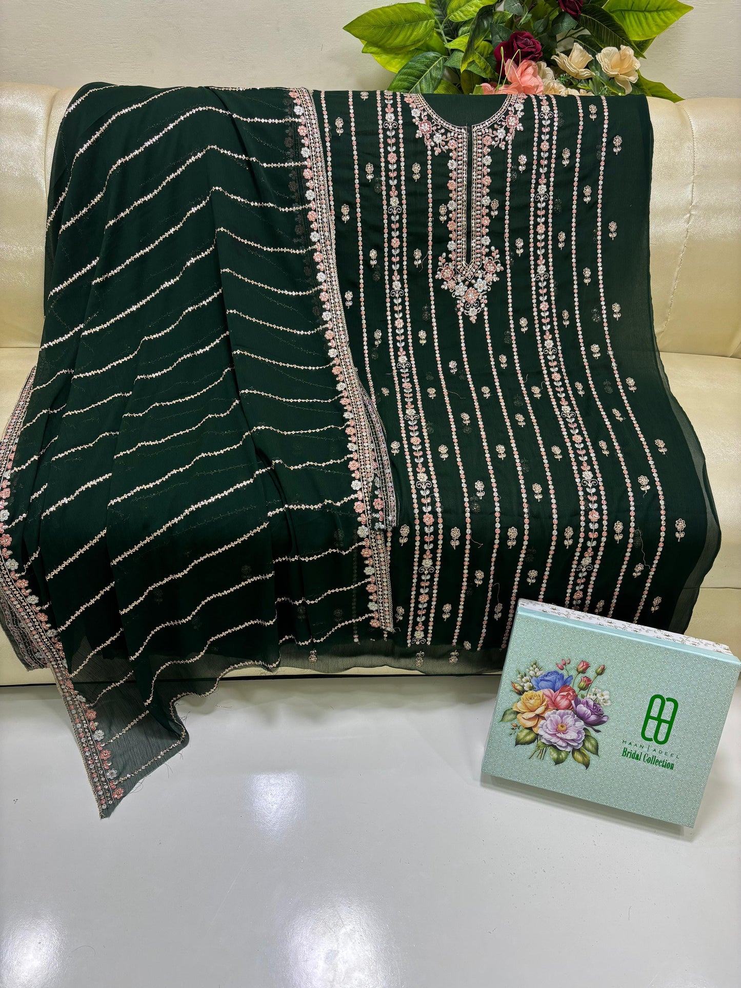 Fancy Embroidered Bridal Dress – Soft Bamber Chiffon Shirt & Dupatta | Wedding Collection by Hanan Adeel