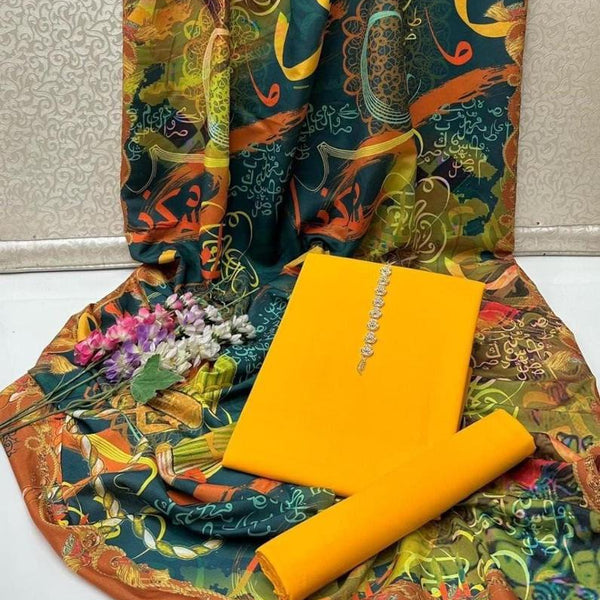 Yellow Katan Silk 3 Piece Suit - Unstitched with Calligraphy Dupatta