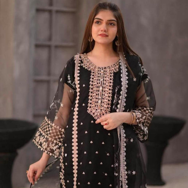 Black Embroidered Organza Suit - 3 Piece Pakistani Formal Dress Set