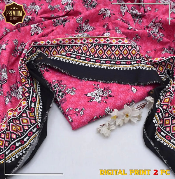 Pink Cotton 2 Piece Printed Suit - Unstitched Shirt & Trouser