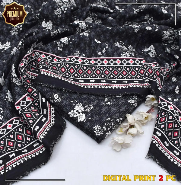 Black Cotton 2 Piece Printed Suit - Unstitched Shirt & Trouser
