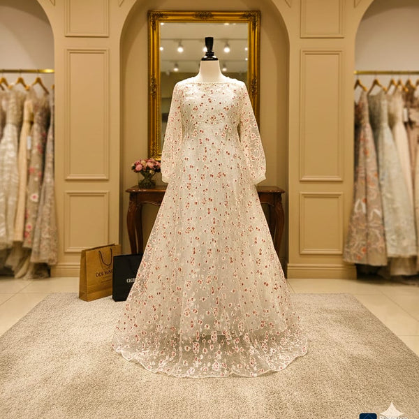 Eid Collection Floral Flair Embellished Maxi Dress - Tissue Silk with Pearl Neckline