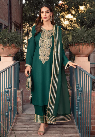 Katan Silk Embroidered 3 Piece Suit - Heavy Embroidered with Organza Dupatta